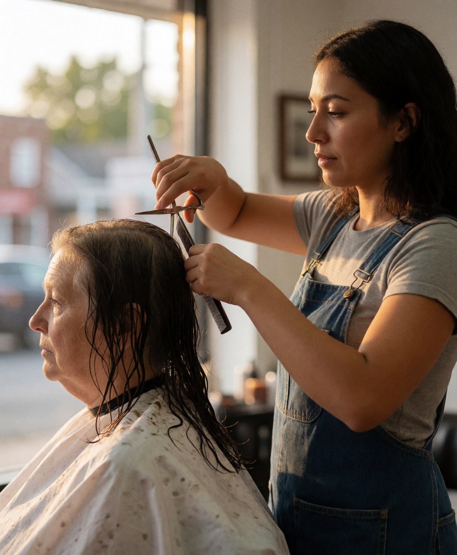 Un coiffeur coupe les cheveux humides d'une cliente dans un salon baigné de lumière naturelle chaleureuse.