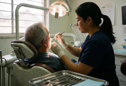 Un dentiste effectue un traitement dentier sur un patient âgé dans un cabinet moderne avec des outils visibles.