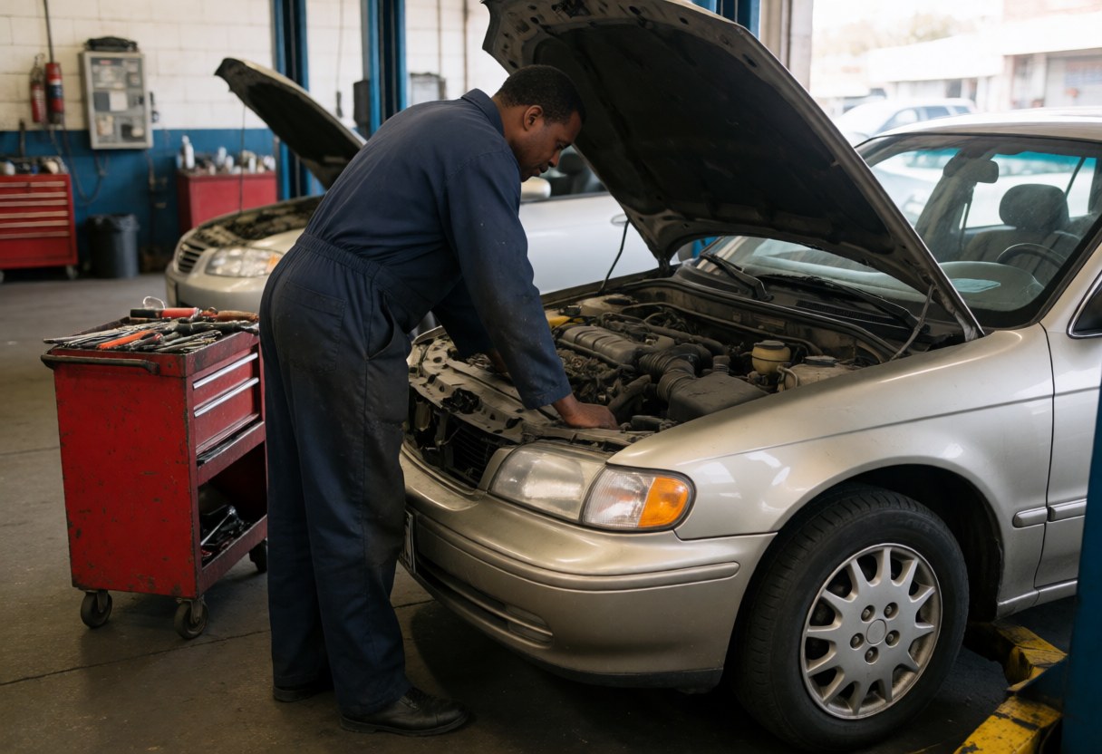 Mécanicien en combinaison bleue travaillant sur le moteur d'une voiture argentée dans un atelier, avec un chariot à outils rouge à côté.