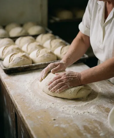 Des mains de boulanger travaillant la pâte dans une boulangerie, avec des pains sur des plateaux en arrière-plan.