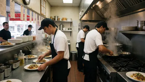 Cuisine de restaurant où les cuisiniers préparent les plats tandis que la vapeur monte des casseroles et que les assiettes sont prêtes sur le comptoir.