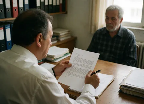 Un avocat est assis à un bureau en bois avec des dossiers et des documents, en train de discuter d'un contrat avec un client.