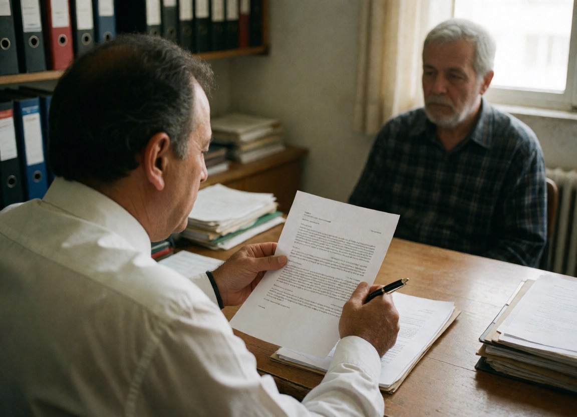 Un avocat est assis à un bureau en bois avec des dossiers et des documents, en train de discuter d'un contrat avec un client.