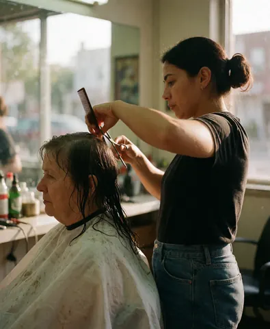 Un coiffeur coupe les cheveux mouillés d'une cliente âgée dans un salon de quartier avec une lumière naturelle.