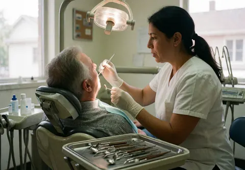 Un dentiste portant des gants examine la bouche d'un patient âgé dans un cabinet dentaire avec des instruments visibles.