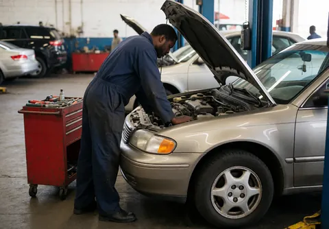 Mécanicien travaillant sur le moteur d'une voiture argentée dans un atelier avec des outils et d'autres véhicules en arrière-plan.