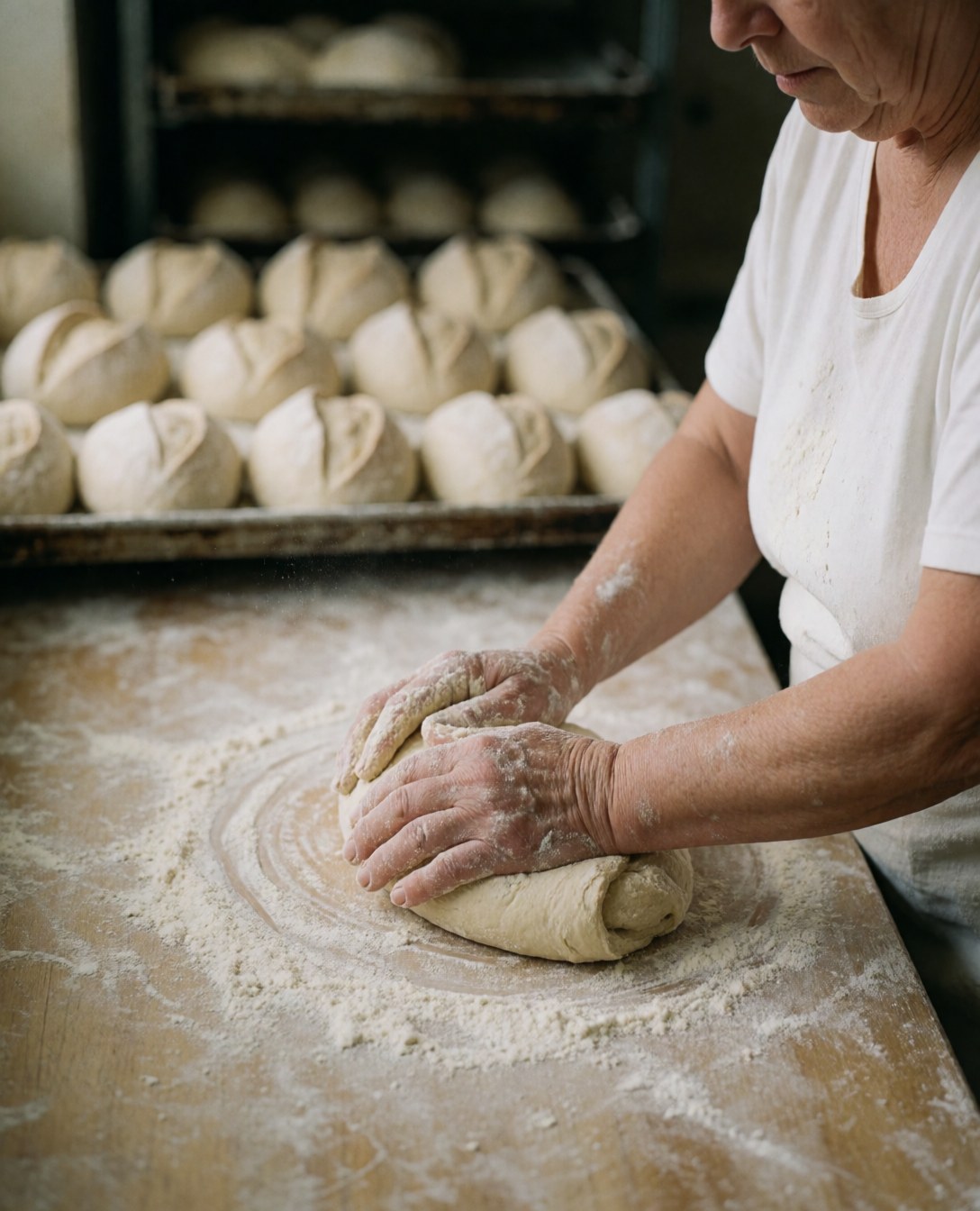Mains pétrissant la pâte sur une table en bois saupoudrée de farine, avec des pains en arrière-plan.