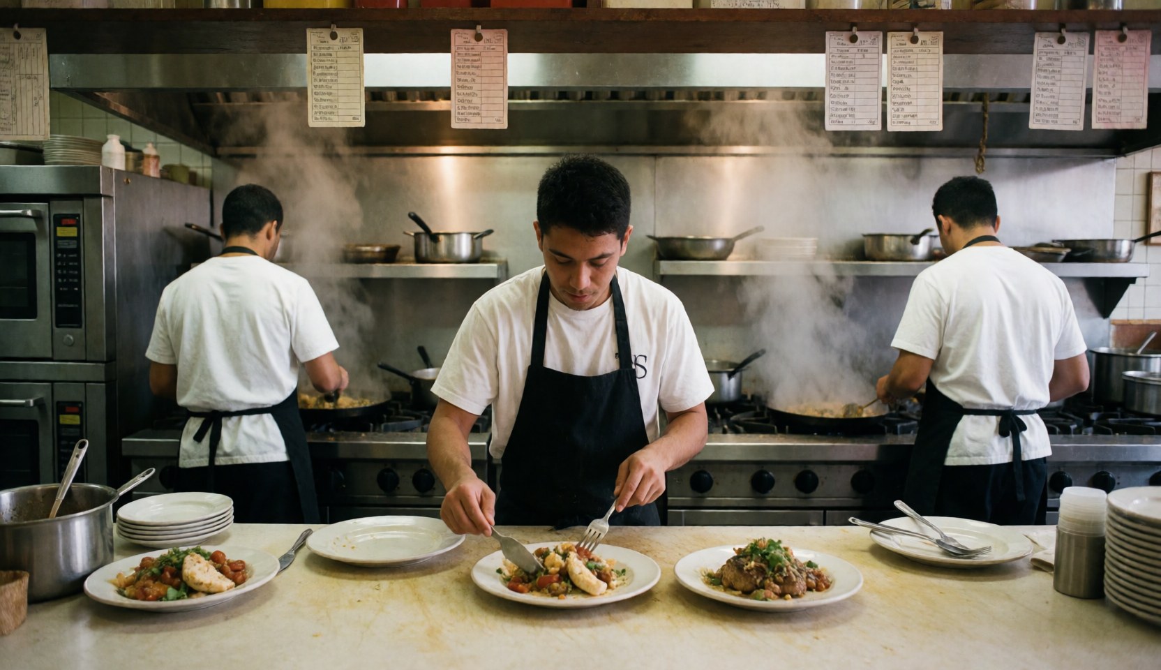 Cuisine de restaurant avec des cuisiniers qui travaillent, de la vapeur, des plats prêts, une ambiance réaliste et professionnelle.