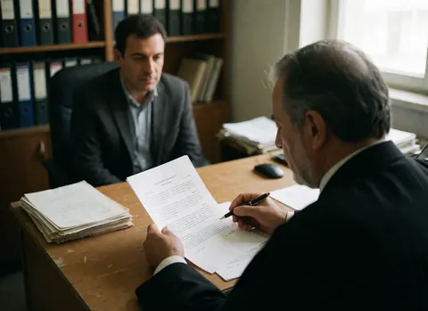 Un avocat senior examine un contrat avec un client assis face à lui dans un bureau rempli de classeurs.