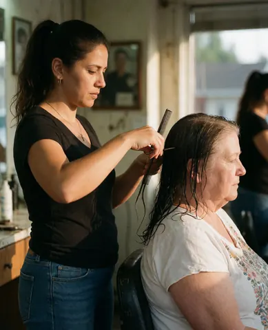 Un coiffeur utilise des ciseaux pour couper les cheveux mouillés d'une cliente âgée dans un salon de coiffure.