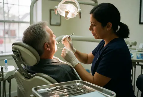 Un dentiste en gants examine les dents d'un patient âgé à l'aide d'une lumière dentaire et d'outils sur un plateau métallique.