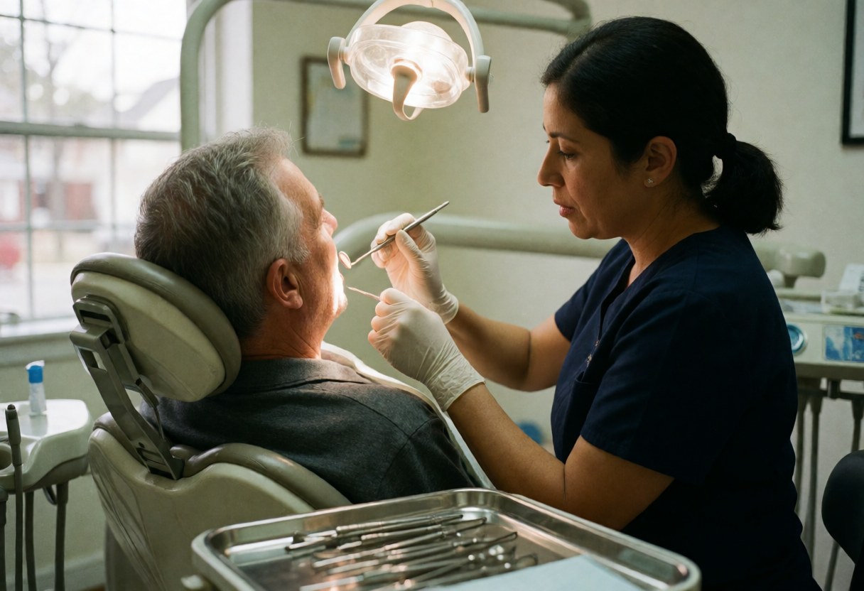 Un dentiste en gants examine les dents d'un patient âgé à l'aide d'une lumière dentaire et d'outils sur un plateau métallique.