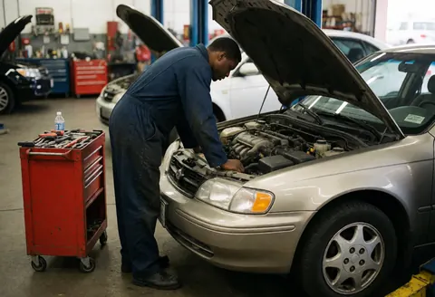 Mécanicien en combinaison bleue travaillant sur le moteur d'une voiture argentée dans un atelier avec des outils et d'autres véhicules en arrière-plan