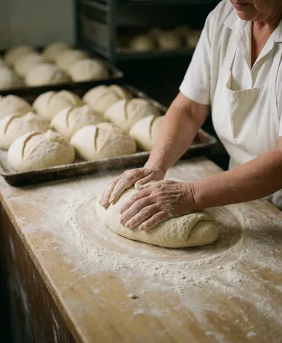 Mains d'une boulangère saupoudrant de farine sur une pâte posée sur un comptoir en bois, avec des plaques de pain en arrière-plan.