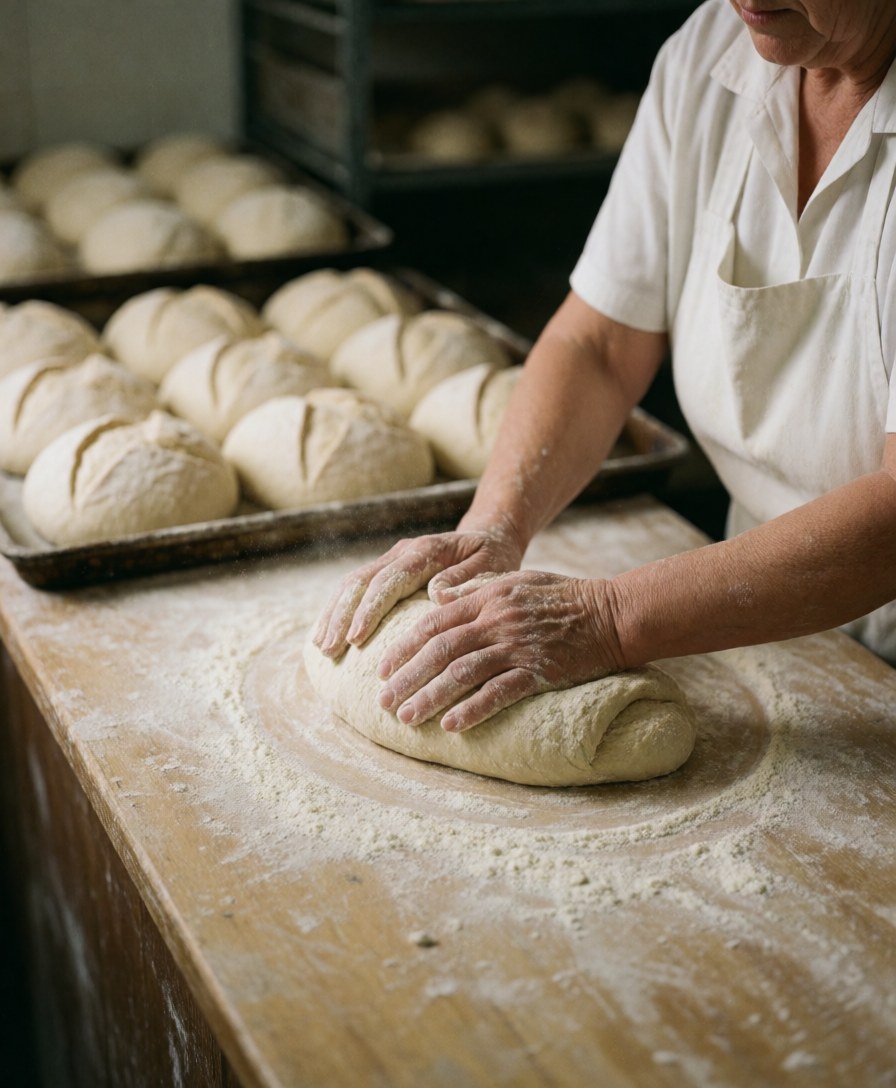 Mains d'une boulangère saupoudrant de farine sur une pâte posée sur un comptoir en bois, avec des plaques de pain en arrière-plan.