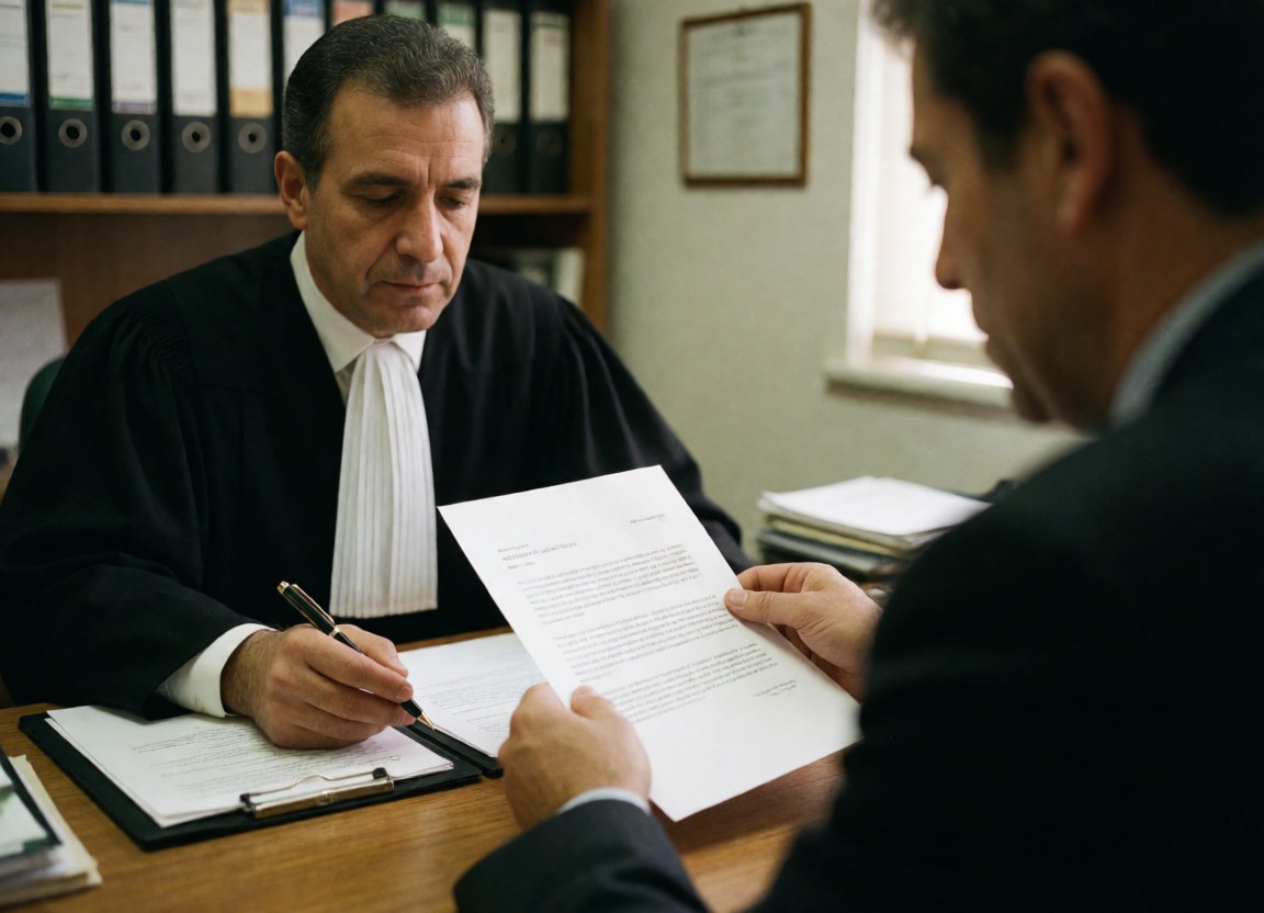Un avocat en costume et robe examine un contrat avec un client assis face à lui dans un bureau avec des étagères de dossiers.