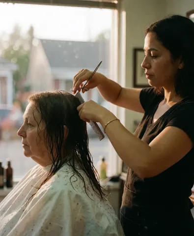 Une coiffeuse coupe les cheveux mouillés d'une cliente âgée dans un salon de quartier sous une lumière chaude de coucher de soleil