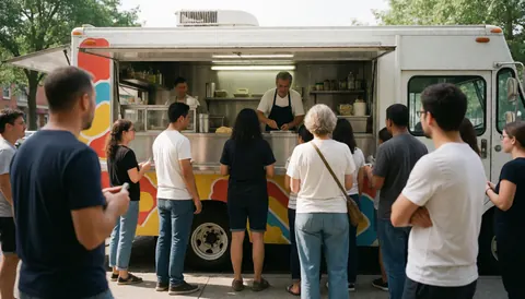 Une longue file de clients attendant leur commande devant un food truck aux couleurs vives, tandis que le cuisinier prépare les plats derrière le comptoir.