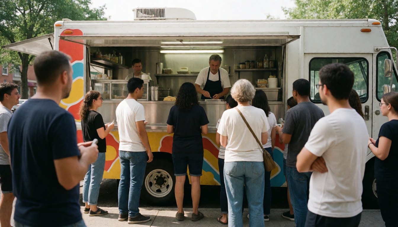 Une longue file de clients attendant leur commande devant un food truck aux couleurs vives, tandis que le cuisinier prépare les plats derrière le comptoir.