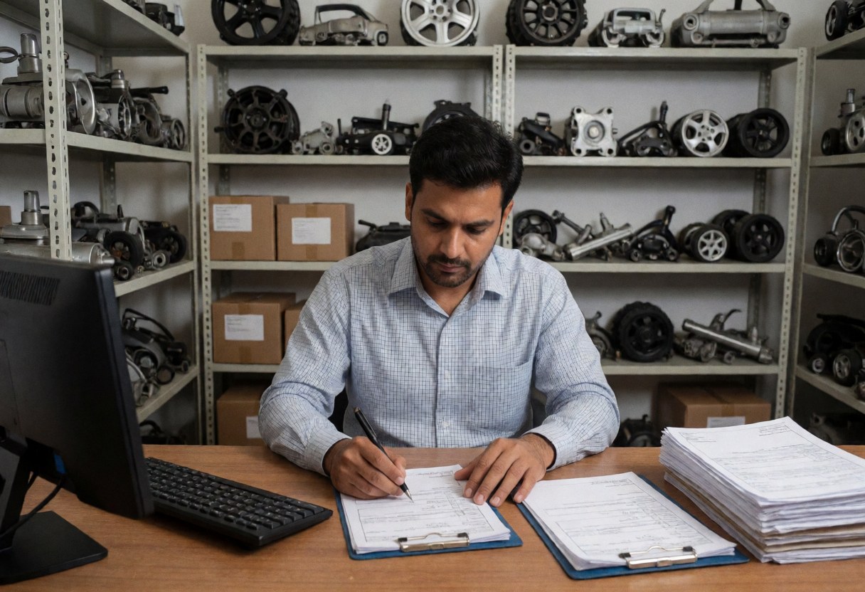 Un technicien en atelier mécanique consulte des papiers à son bureau entouré de pièces détachées et d'étagères.