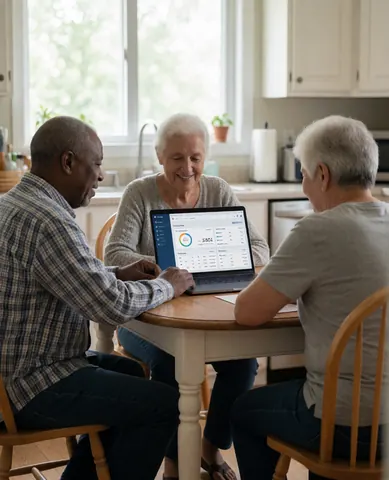 Un couple examine des données financières sur un écran d'ordinateur portable, affichant une expression satisfaite du service reçu.
