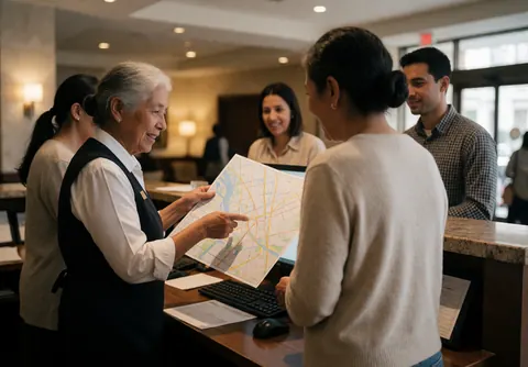 Un concierge âgé montre une carte de la ville à un client à la réception de l'hôtel, avec d'autres clients souriants en arrière-plan.