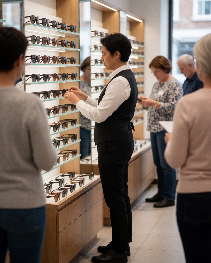 Employé d'optique rangeant des lunettes de soleil sur une étagère avec des clients en arrière-plan dans un environnement lumineux et professionnel