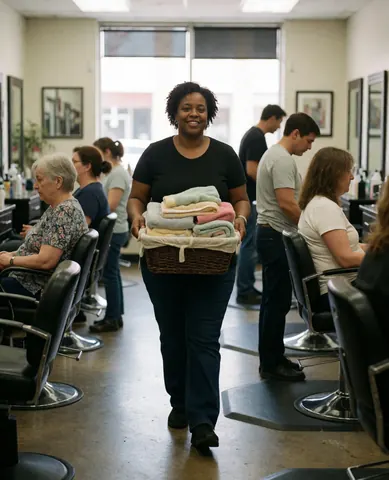 Un employé souriant transporte un panier rempli de serviettes entre les postes de traitement au sein d'un salon de beauté.
