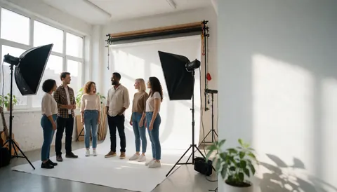 Groupe de personnes dans un studio photo avec éclairage, fonds et fenêtres. Ambiance professionnelle et lumineuse.