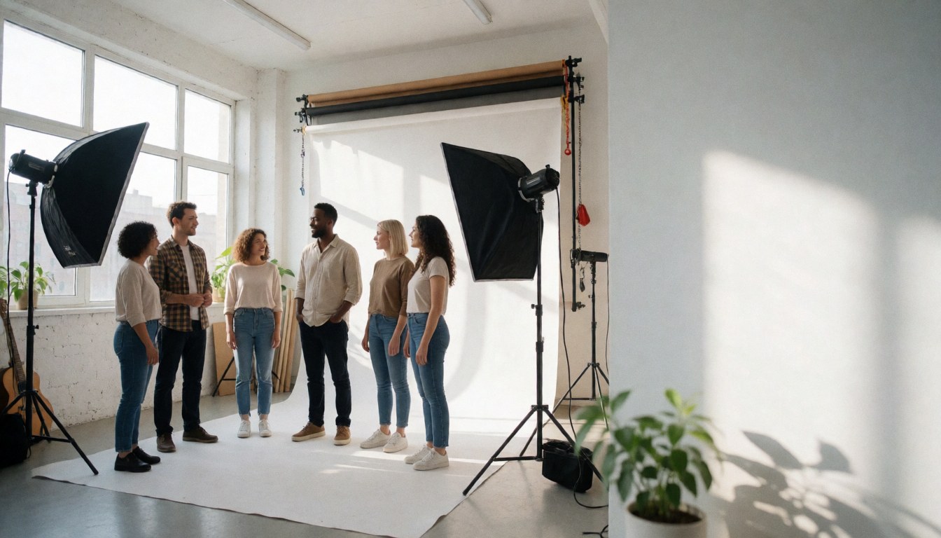 Groupe de personnes dans un studio photo avec éclairage, fonds et fenêtres. Ambiance professionnelle et lumineuse.