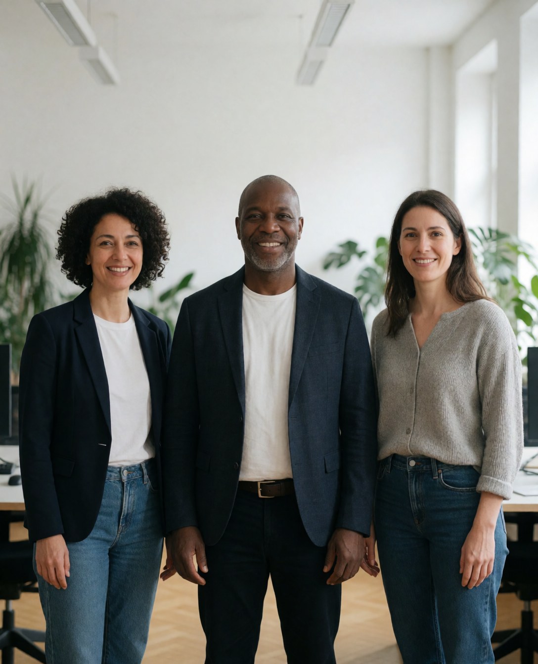 Trois professionnels souriants dans un bureau avec plantes et mobilier moderne, illustrant une équipe d'assurance.