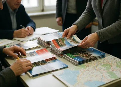 Des mains d'adultes trient des brochures et un plan sur un bureau de bureau, éclairées par la lumière naturelle, avec des détails réalistes.