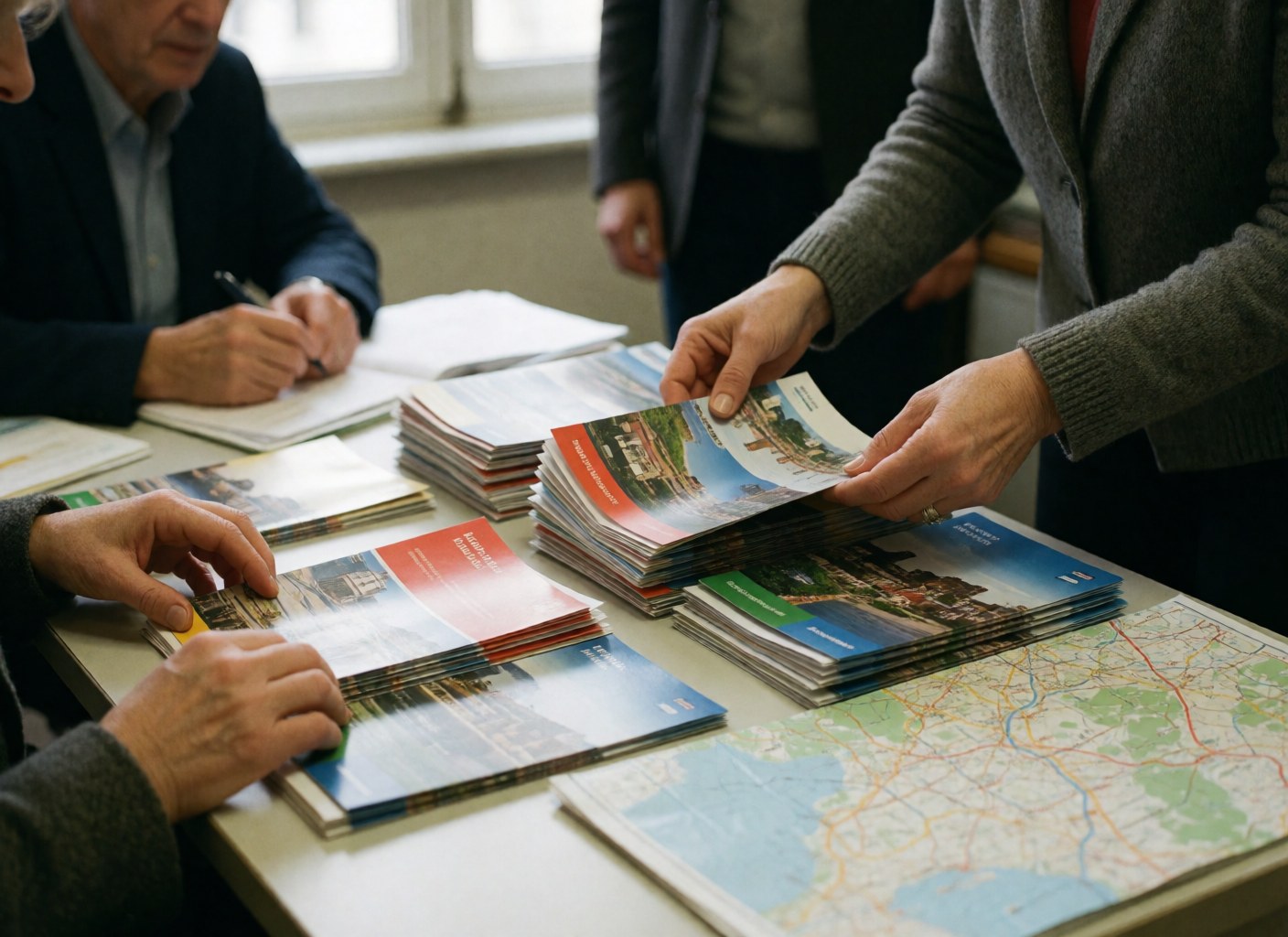 Des mains d'adultes trient des brochures et un plan sur un bureau de bureau, éclairées par la lumière naturelle, avec des détails réalistes.