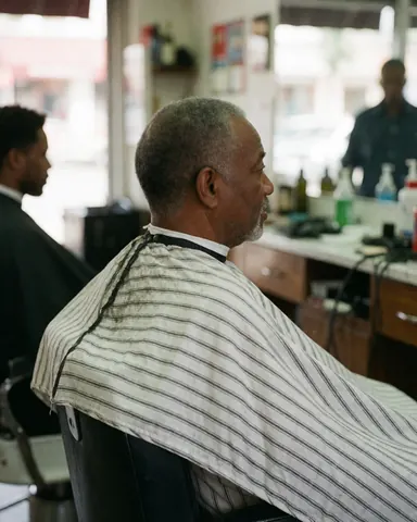 Un homme âgé assis dans le fauteuil du barbier, portant une cape de coupe, regarde avec satisfaction dans un environnement authentique de salon de coiffure masculin.
