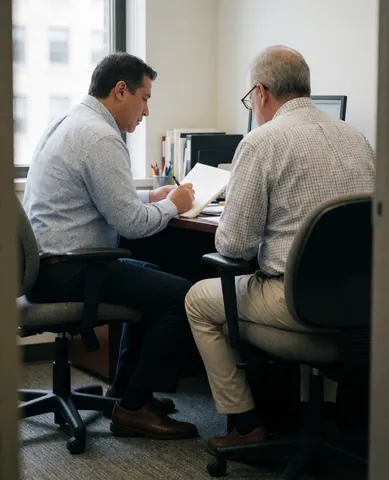 Deux psychologues masculins travaillent ensemble dans un bureau. L'un écrit sur des documents tandis que l'autre observe attentivement. La lumière naturelle entre par la fenêtre, créant une ambiance professionnelle.