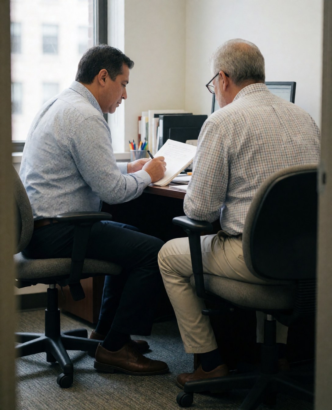 Deux psychologues masculins travaillent ensemble dans un bureau. L'un écrit sur des documents tandis que l'autre observe attentivement. La lumière naturelle entre par la fenêtre, créant une ambiance professionnelle.