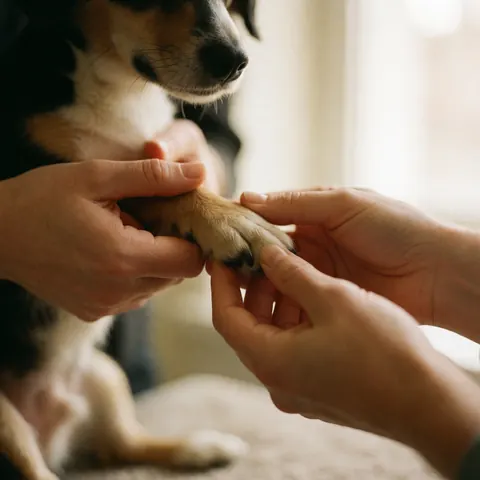 Des mains patientes et professionnelles prennent soin de la patte d'un chien dans un environnement chaleureux et accueillant.