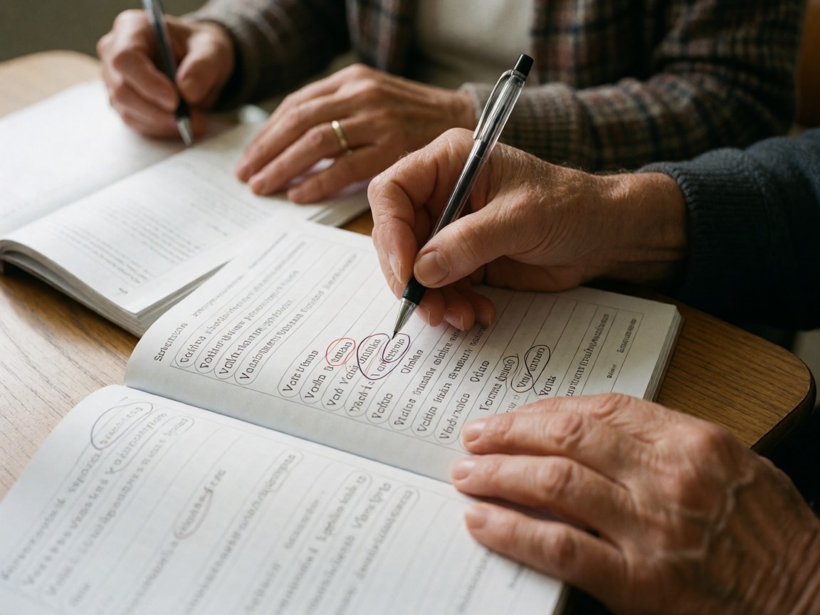 Des mains d'adulte soulignant des mots dans un cahier d'espagnol ouvert sur une table en bois, éclairé par la lumière naturelle.