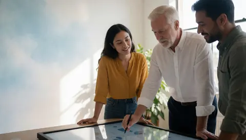 Trois enseignants collaborent autour d'une table numérique dans un bureau lumineux, illustrant l'apprentissage en ligne et la technologie éducative.