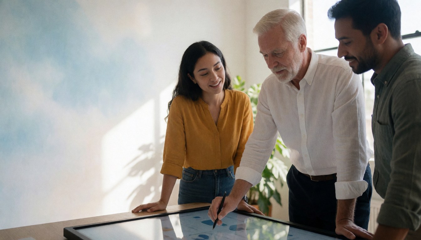Trois enseignants collaborent autour d'une table numérique dans un bureau lumineux, illustrant l'apprentissage en ligne et la technologie éducative.
