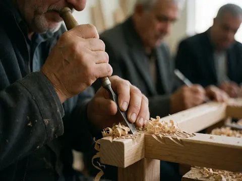 Un menuisier âgé taille des détails dans le bois avec un ciseau, des copeaux tombent, fond d'atelier flou.