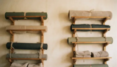 Des étagères en bois contenant des couvertures et des serviettes roulées, créant un fond chaleureux et texturé idéal pour des textes liés au yoga et au pilates.
