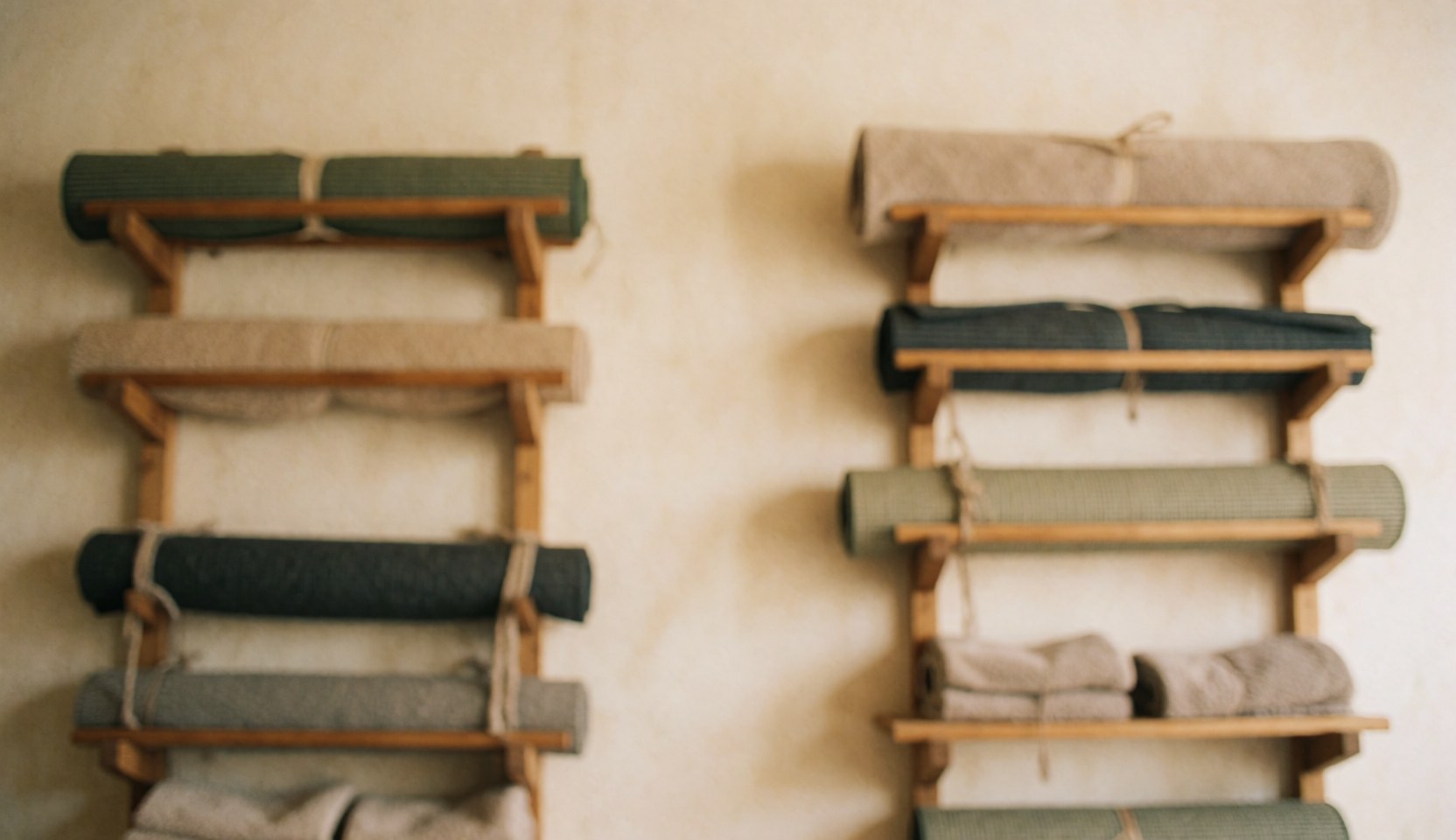 Des étagères en bois contenant des couvertures et des serviettes roulées, créant un fond chaleureux et texturé idéal pour des textes liés au yoga et au pilates.
