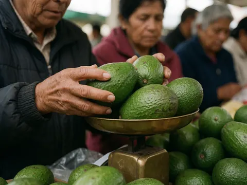 Une main âgée aux rides visibles pèse des avocats verts sur une balance en bronze dans un marché.