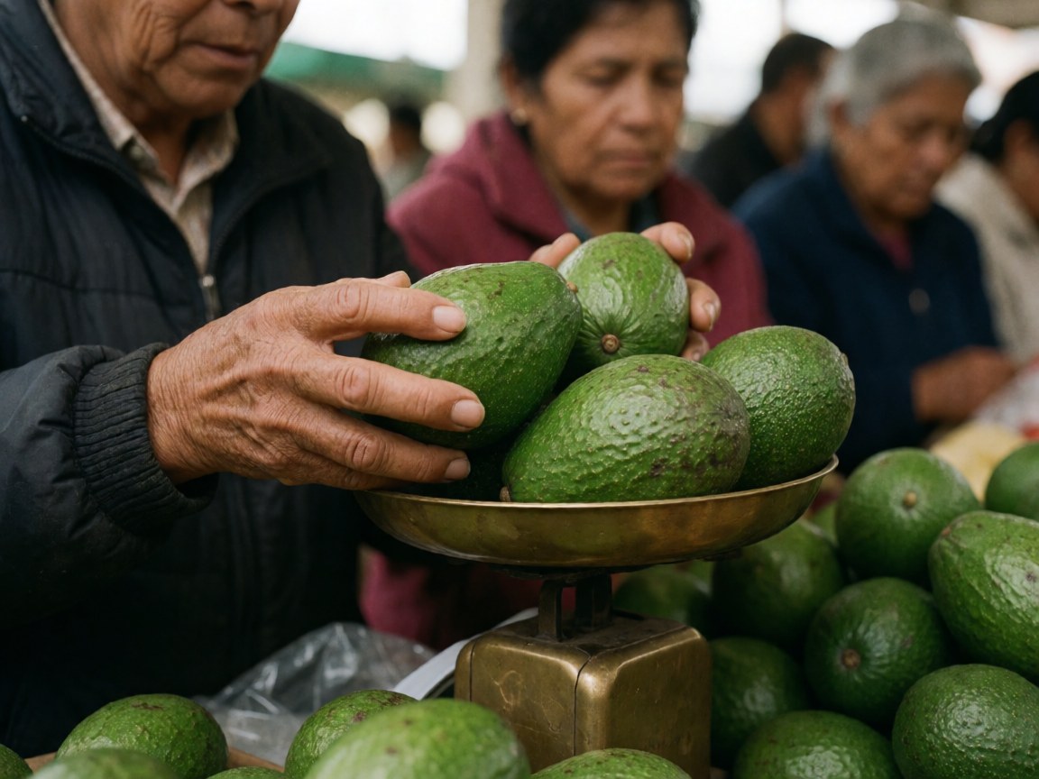 Une main âgée aux rides visibles pèse des avocats verts sur une balance en bronze dans un marché.