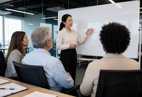 Un consultant technologique explique des concepts sur un tableau blanc à un groupe de clients dans un bureau moderne, démontrant professionnalisme et communication.