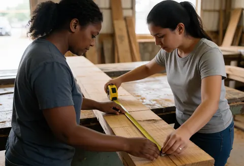 Une femme aide une cliente à mesurer une planche de bois dans une quincaillerie, avec une lumière naturelle et la texture du bois visible.