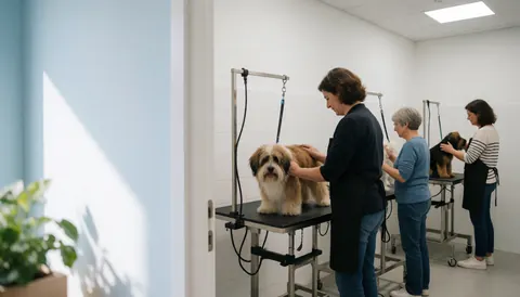 Trois professionnelles prennent soin de chiens dans un salon de toilettage moderne et lumineux, avec des tables de travail et un éclairage clair.