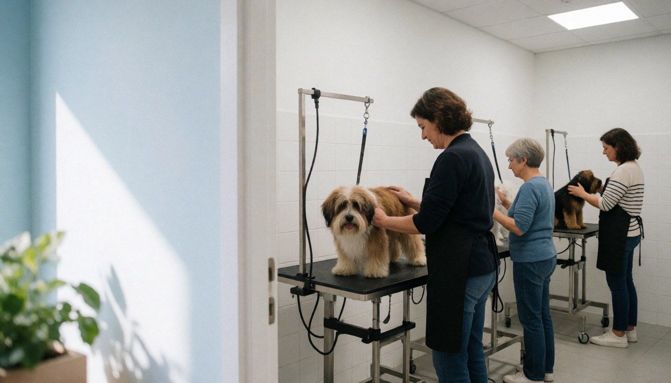 Trois professionnelles prennent soin de chiens dans un salon de toilettage moderne et lumineux, avec des tables de travail et un éclairage clair.