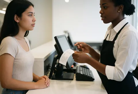 Une caissière explique la politique de retour à une cliente en montrant un reçu dans un magasin de vêtements moderne.
